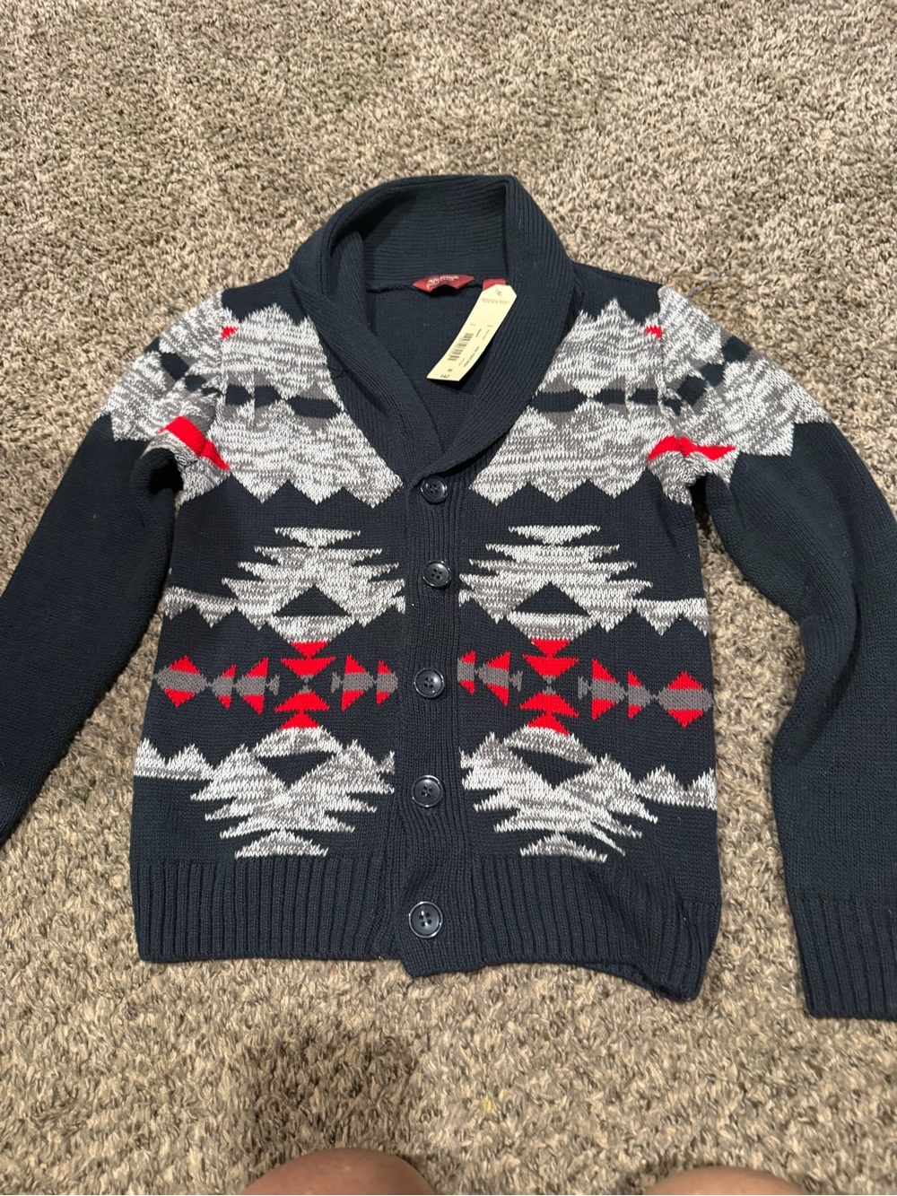 Arizona Jean Company Boys' Black Shawl Collar Cardigan with Gray & Red Pattern